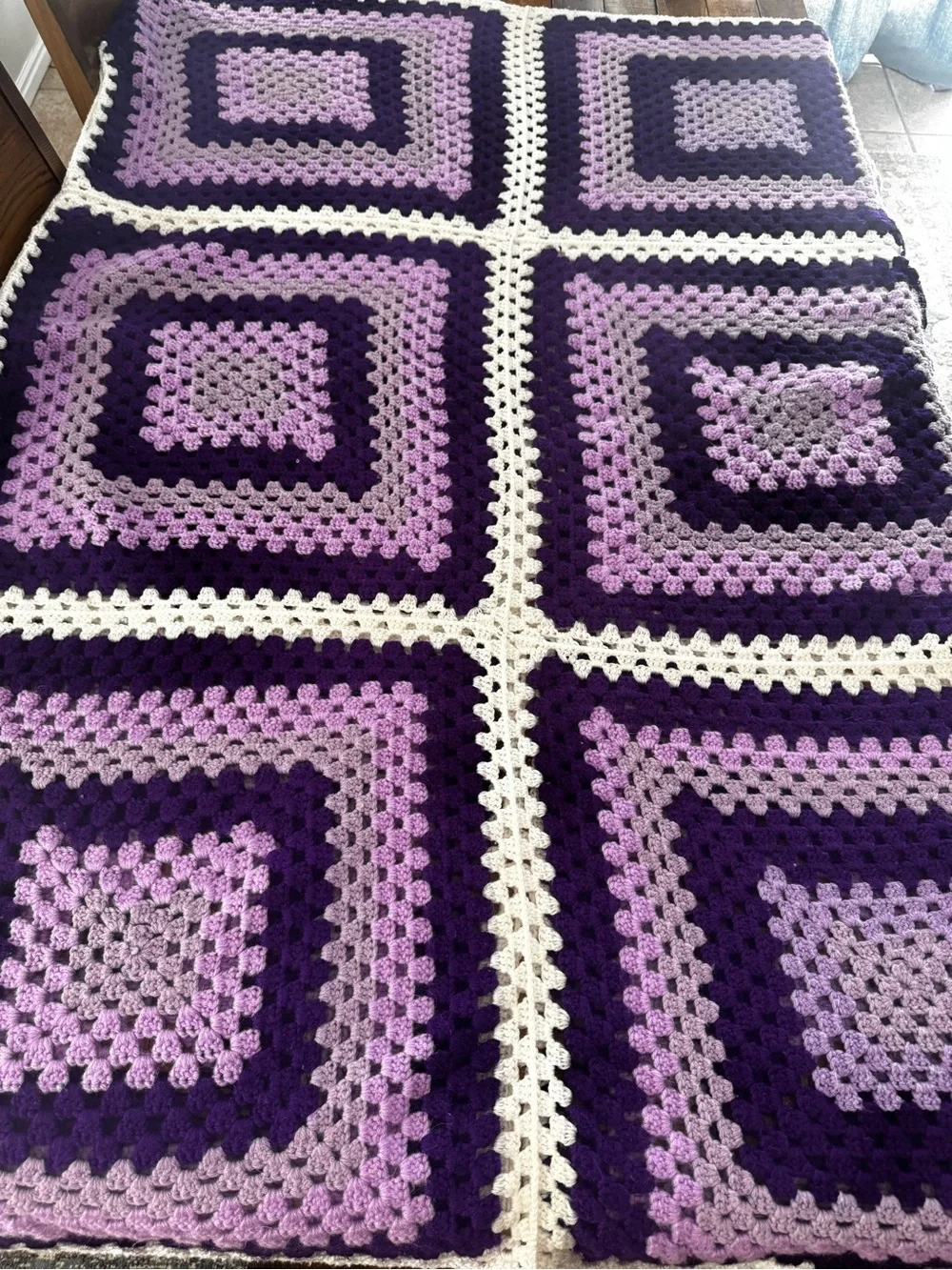 Hand Crafted Purple & White Granny Square Crochet Throw